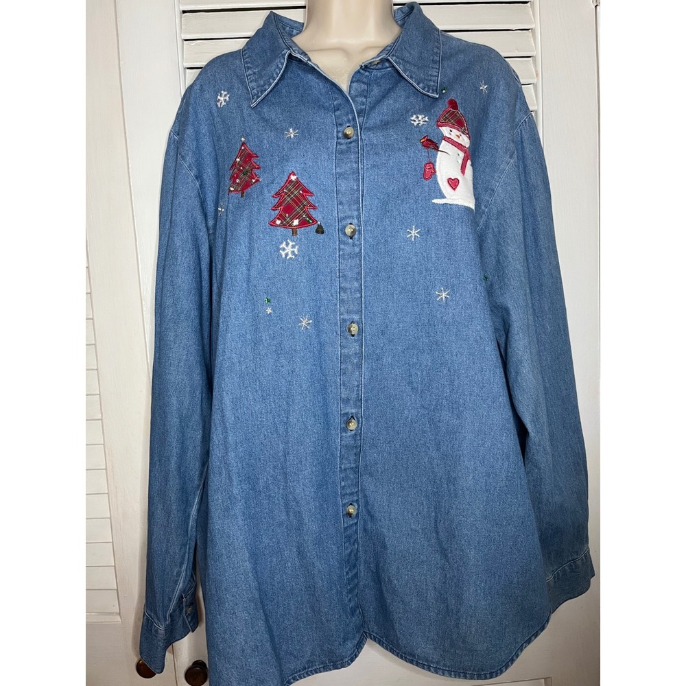 Vtg 80s Collections Etc Womens XL Denim Christmas Shirt Snowman Embroidered